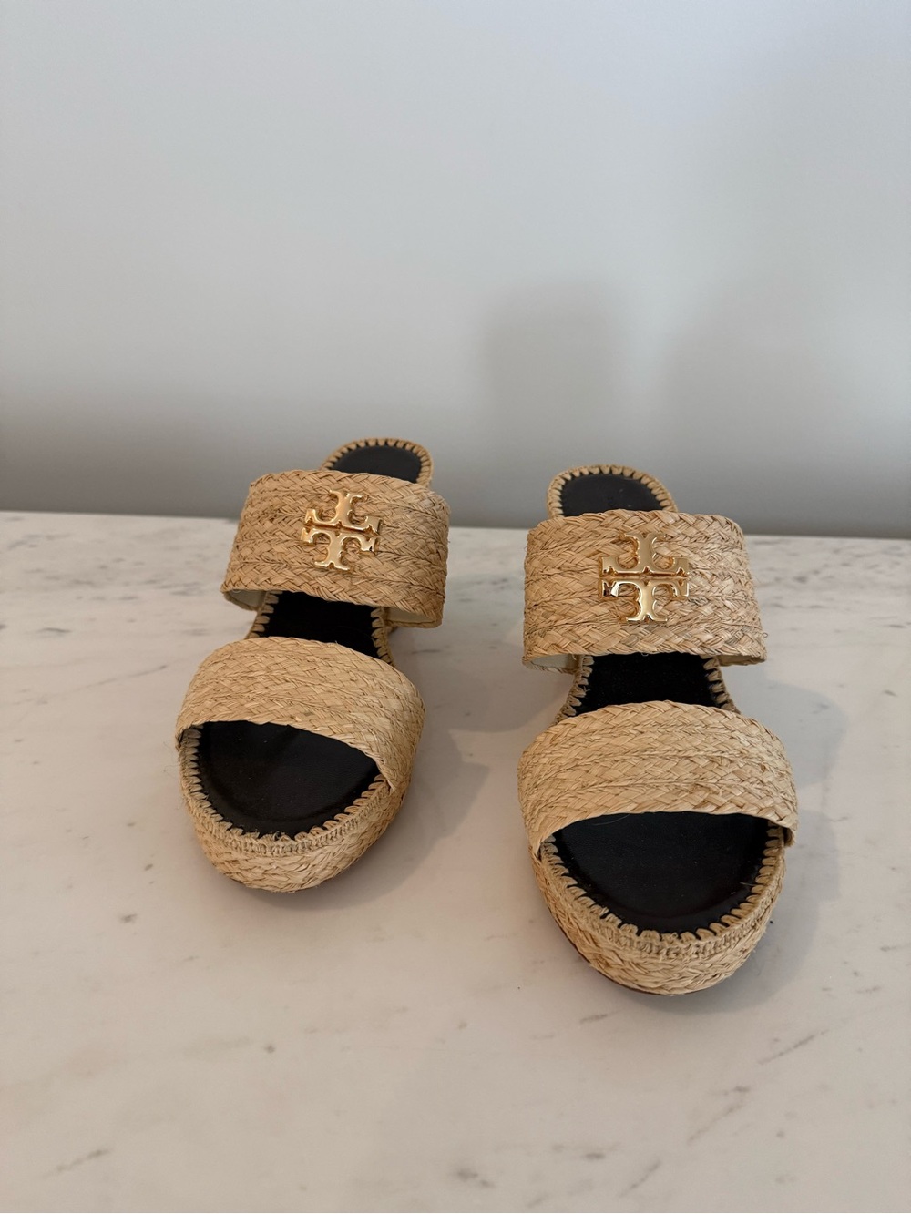 Tory Burch Natural Raffia Double-Band Slide Sandals with Gold Logo